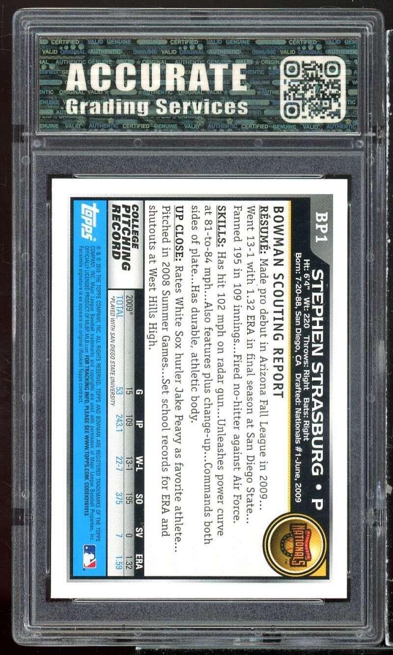 Stephen Strasburg Rookie Card 2010 Bowman #bp1 AGS 10 GEM MT - Baseball Slabbed Rookie Cards