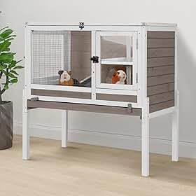 Aivituvin Gaiola de coelhos para interior de 2 andares com suporte, gaiola de coelho de madeira para animais pequenos com rampa à prova de mastigação, bandeja removível e camada de PVC à prova de