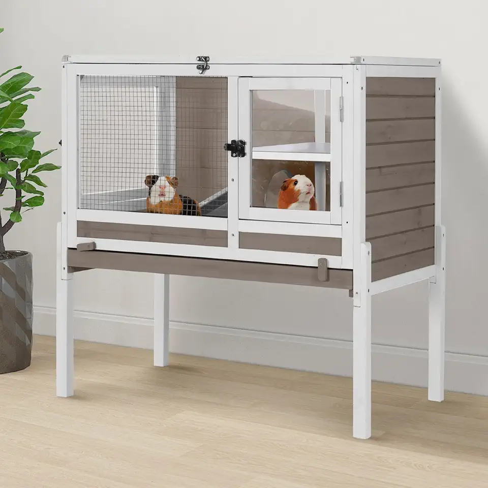 Aivituvin Gaiola de coelhos para interior de 2 andares com suporte, gaiola de coelho de madeira para animais pequenos com rampa à prova de mastigação, bandeja removível e camada de PVC à prova de