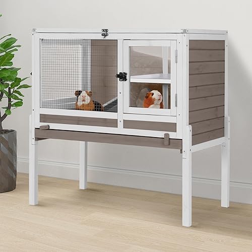 Aivituvin 2-Story Indoor Rabbit Hutch Guinea Pig Cage with Stand, Wooden Bunny Cage Small Animal Cages with Chew-Proof Ramp, Pull-Out Tray & Leakproof PVC Layer (Brown)