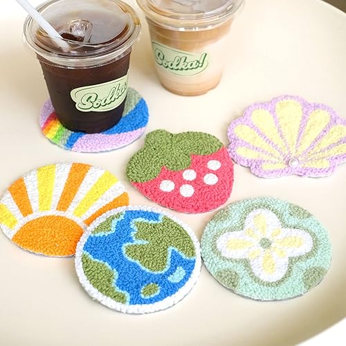 Miniatura 3 de HAND U JOURNEY Kit de posavasos de aguja perforadora para manualidades, 6 patrones con fieltro adhesivo, hilos, aro de bordado, perfecto para