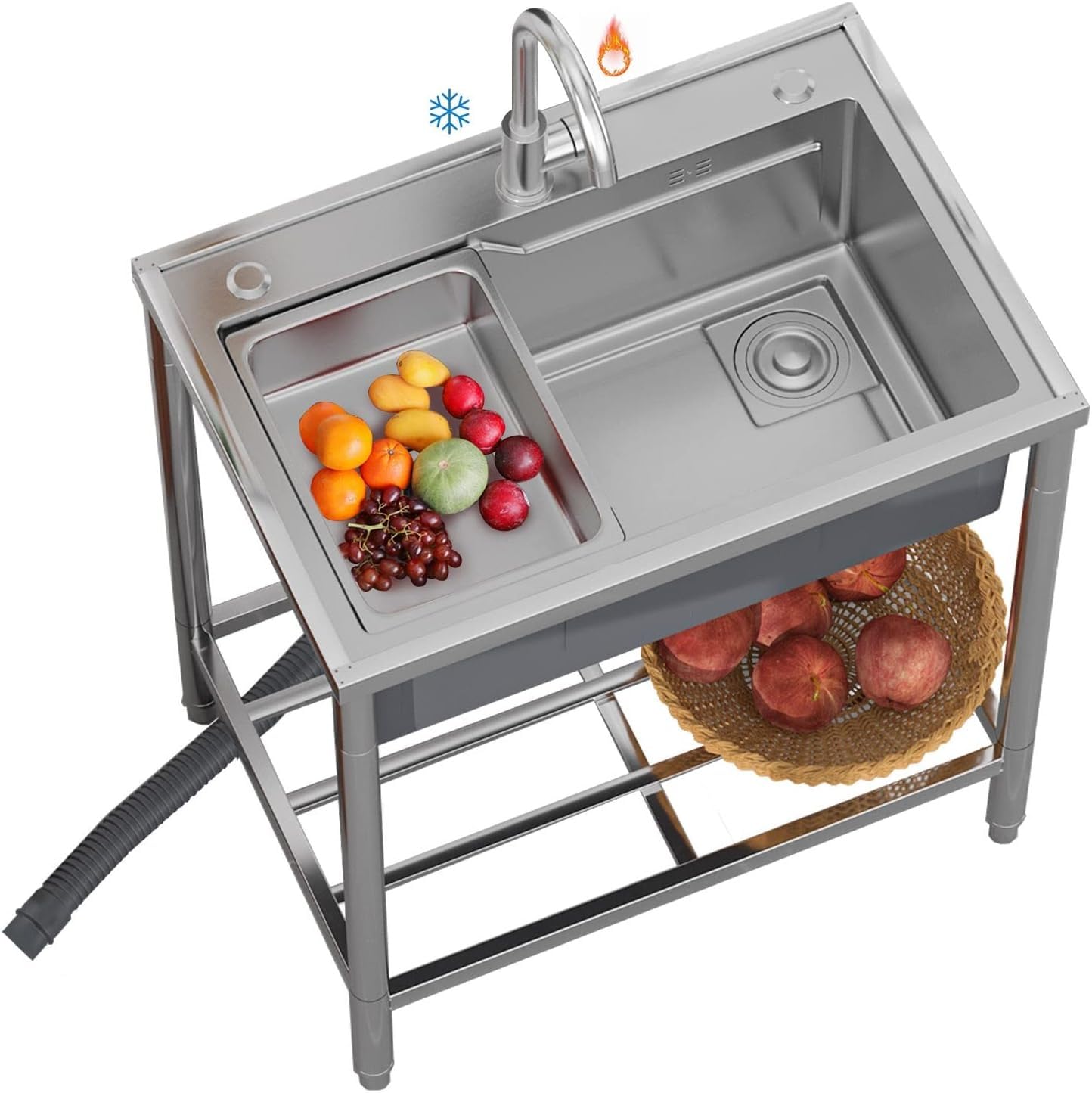 TAXXII Outdoor Sink Single Bowl, Freestanding Stainless Steel Utility Sink, Commercial Kitchen with Hot and Cold Tap for Restaurant, Bar, Laundry, Garage, Backyard