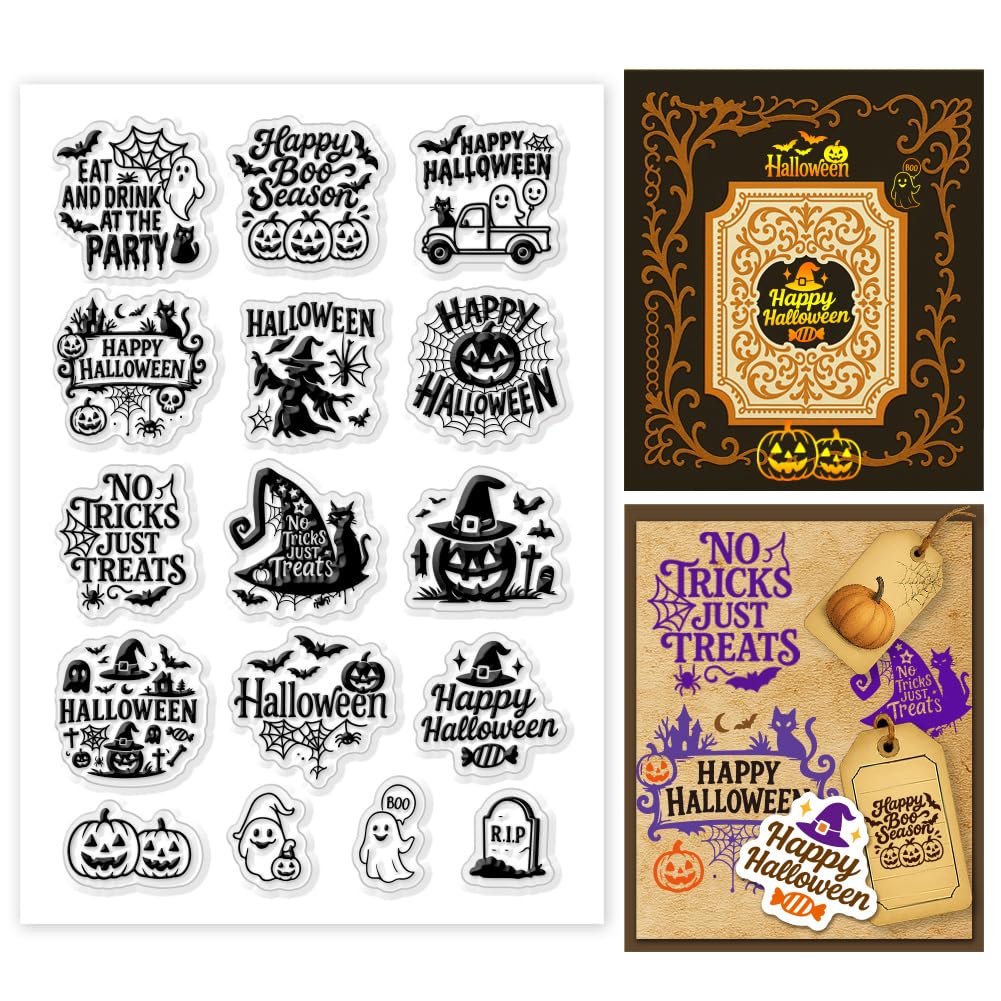 GOMAKERER 1 Sheet Clear Stamp, Halloween Slogan Ghost Transparent Rubber Stamps Reusable Silicone Clear Stamp Seals for Card Making Scrapbooking Embossing Album Halloween Decor, 16x11cm