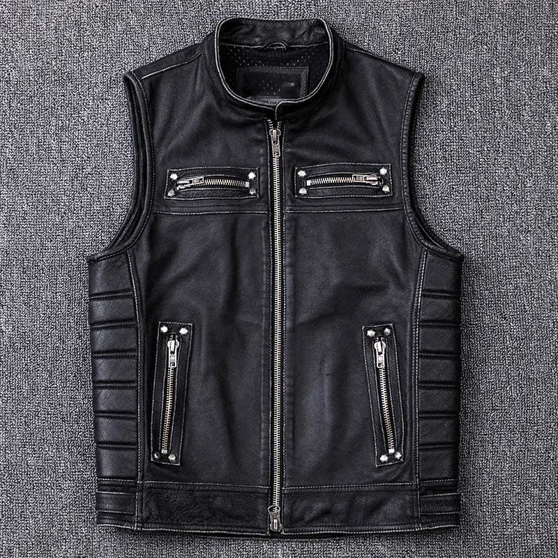 Men's Genuine Leather Vest Motorcycle Biker Stand Collar Sleeveless Jacket Zipper Waistcoat4