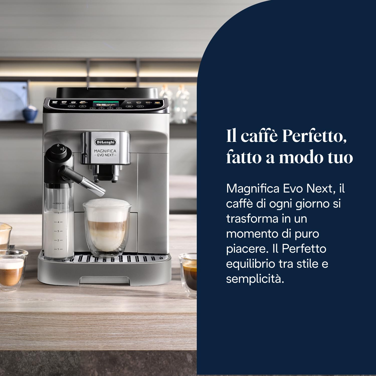 De’Longhi Magnifica Evo Next – Perfetto Macchina da Caffè Automatica, LatteCrema Montalatte Automatico, 13 Bevande in un Solo Tocco, Display Touch a Colori, Argento e Nero (ECAM312.80.SB)