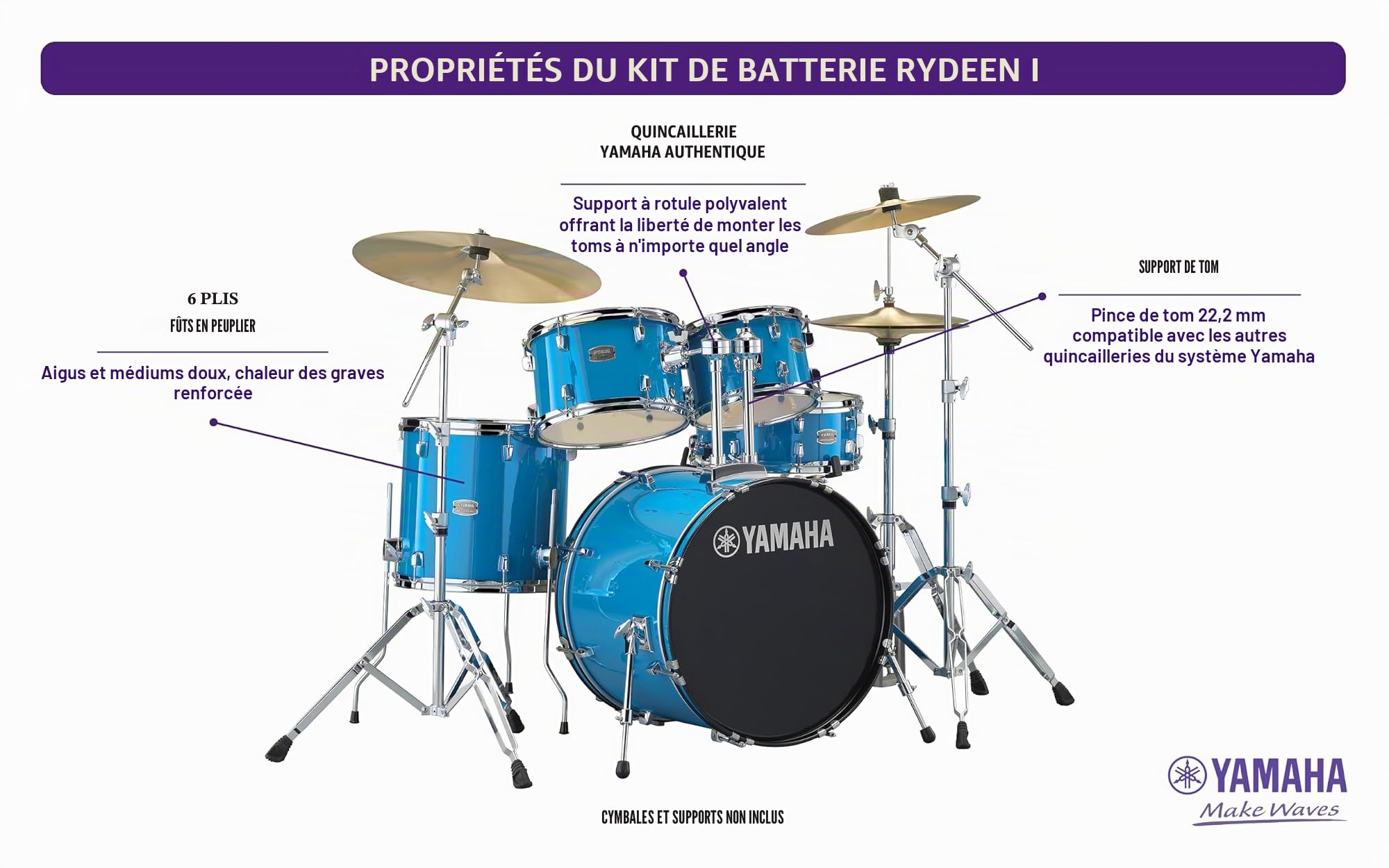 Yamaha Rydeen Batterie 5 pièces avec grosse caisse 56 cm, Floor Tom, 2 toms avec pince à bille et caisse claire en bois, bleu ciel