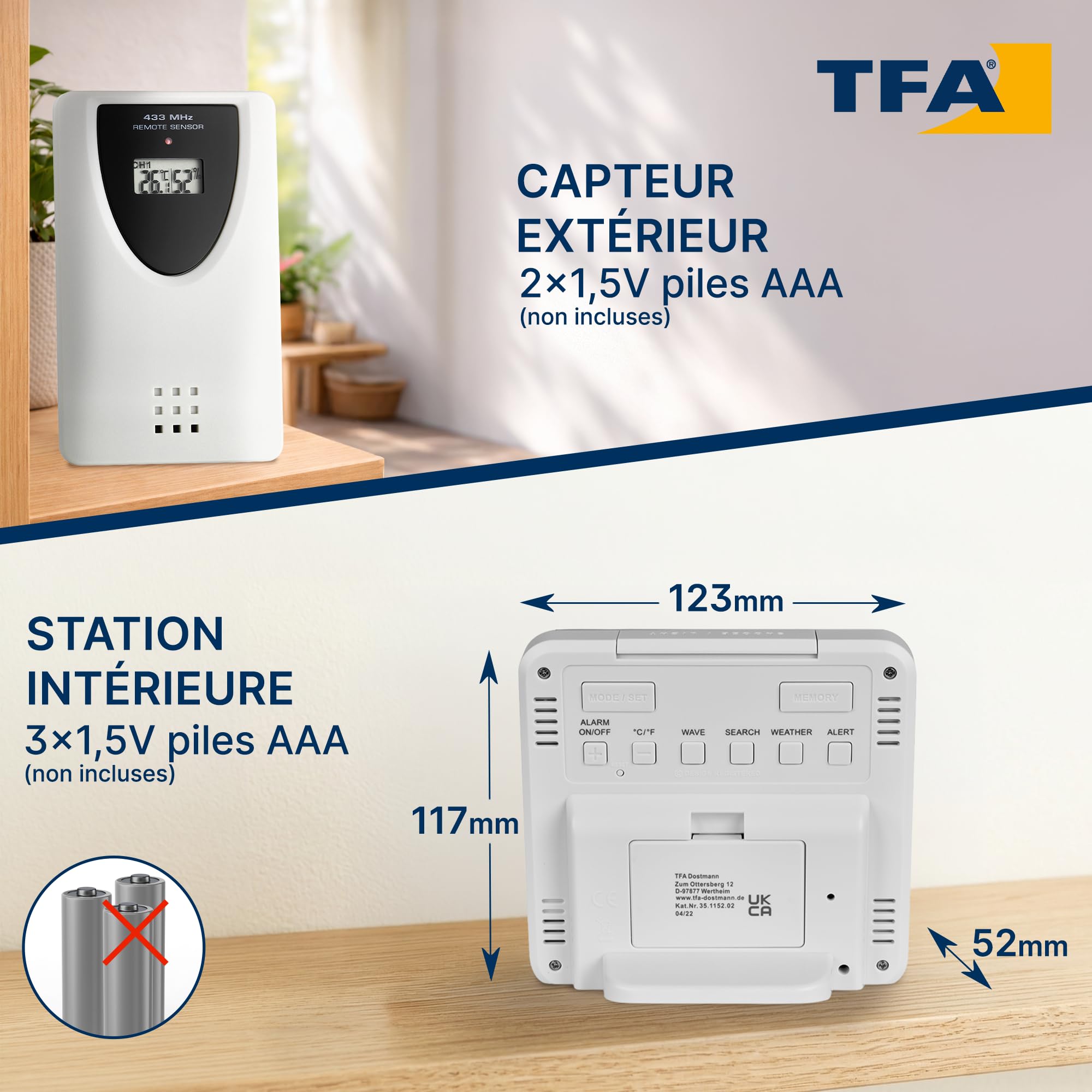 TFA Dostmann Station météo numérique SKY, 35.1152.02, Station météo avec capteur extérieur sans fil, Prévisions météo, Symbole forestier, Température intérieure/extérieure, blanc