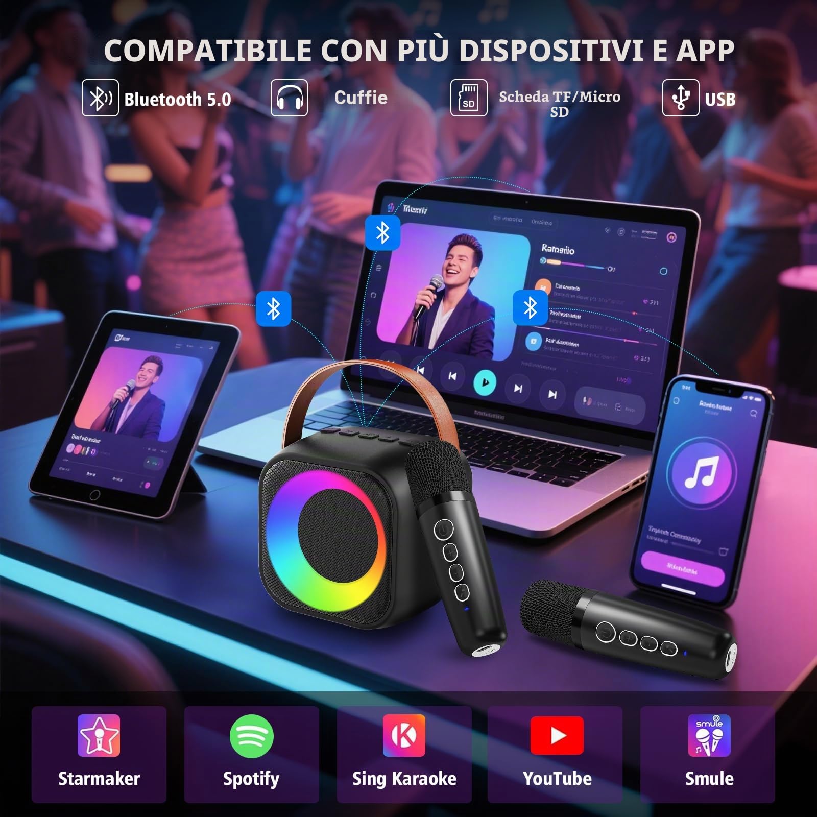 Karaoke Bambini con 2 Microfoni, Microfono Karaoke per Bambini e Adulti con Luce LED, Macchina Karaoke Portatile con Effetti di Cambio Voce, Regali per bambini da 3 a 12 anni