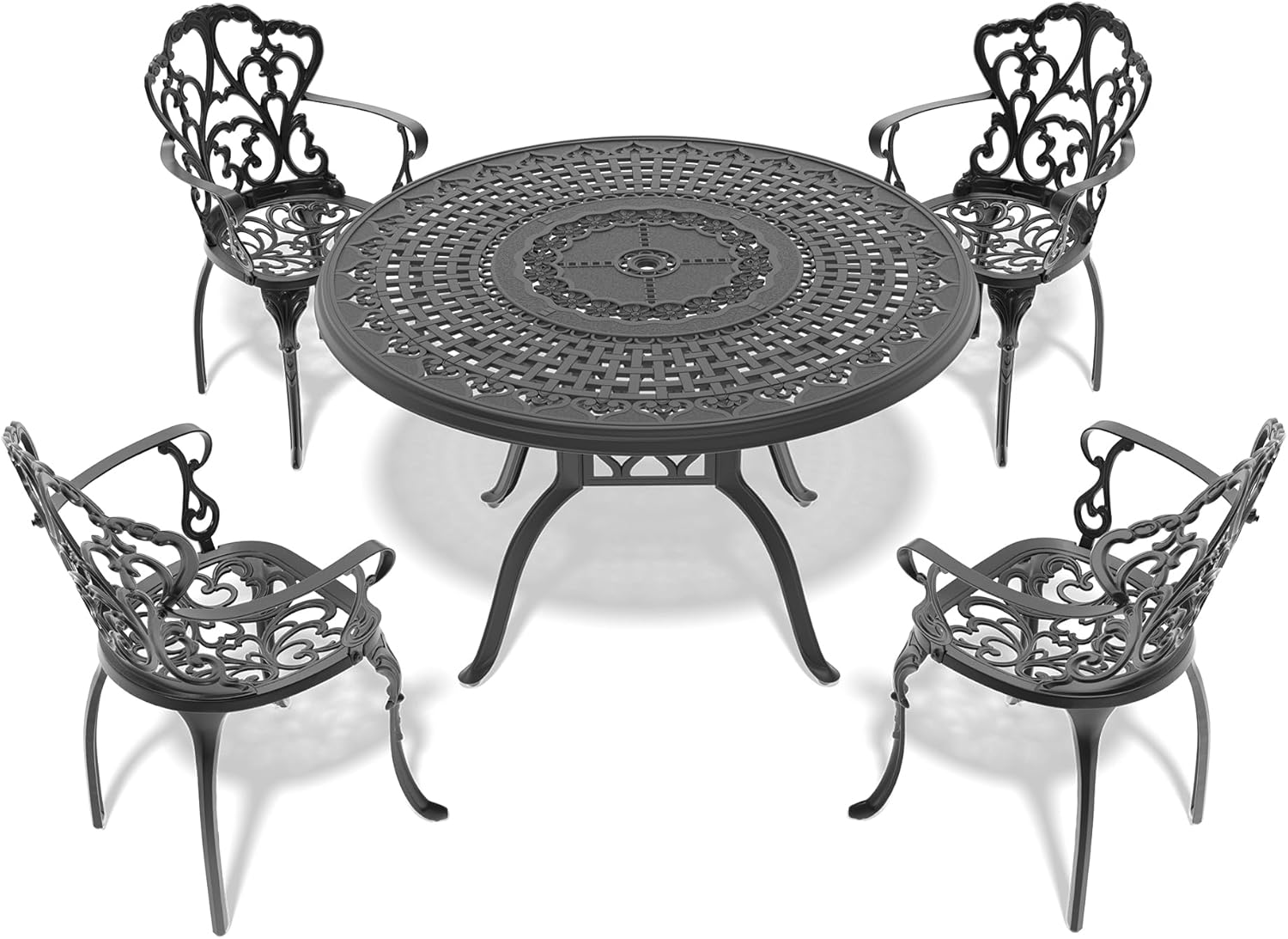 5pcs Cast Aluminum Patio Set with Cushions (Black) – Outdoor Dining Table 4 Chairs, Durable Weather, Random Color Cushions