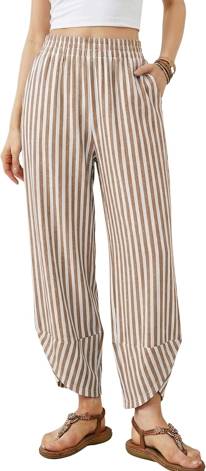 Athlisan Women's Wide Leg Striped Palazzo Pants Summer Elastic Waist Baggy Casual Lounge Trousers with Pockets