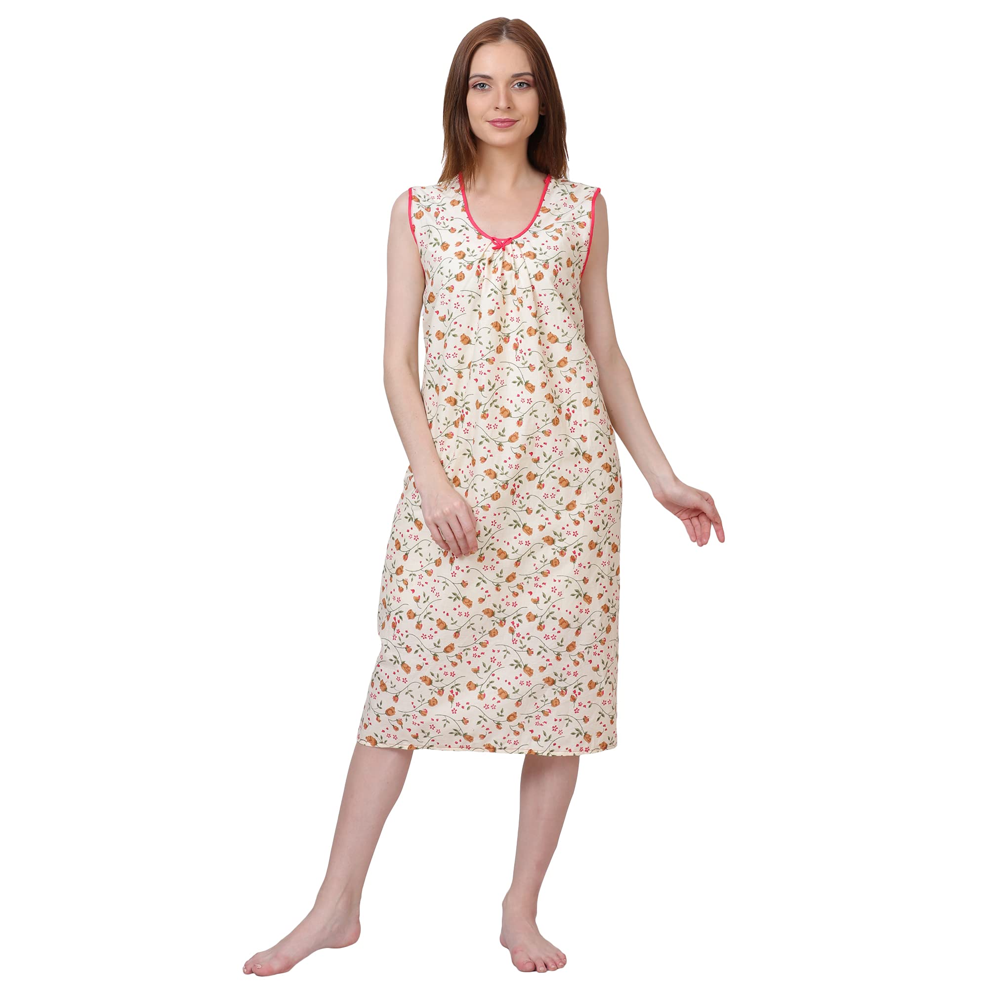 Woman Printed Sleeveless Short Nighty Pure Cotton (Yellow)