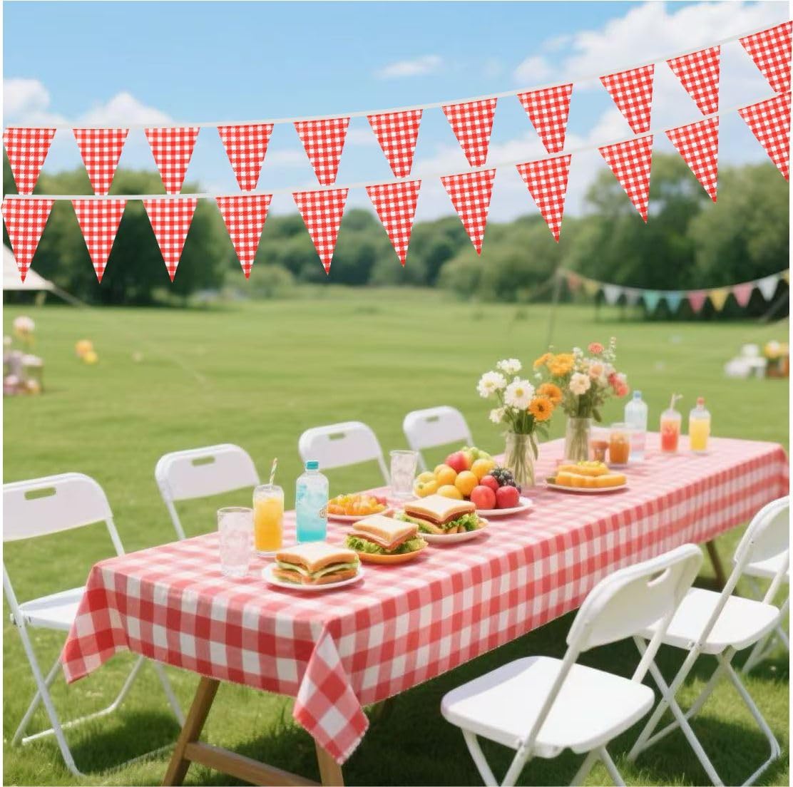 2 Pack Red Plaid Checkered Pennant Banner Flag Triangle Garland Decorations for Wedding Birthday Carnival Christmas BBQ Picnic 66Feet 60Pcs