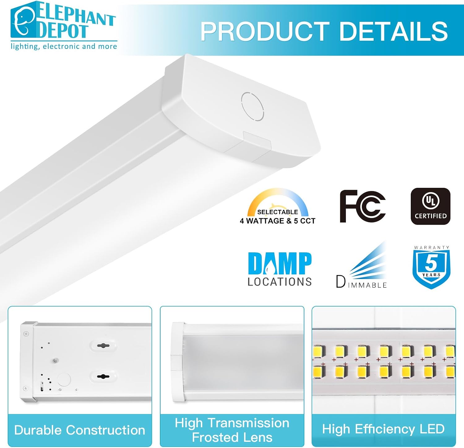 2FT LED Wraparound Light, 24 inch Led Light Fixture, 12/16/20/25W, 3000LM, 3000/3500/4000/5000/6500K, 2FT Led Light Fixtures for Garage,Workshop,Closet,Shop,UL & DLC Listed