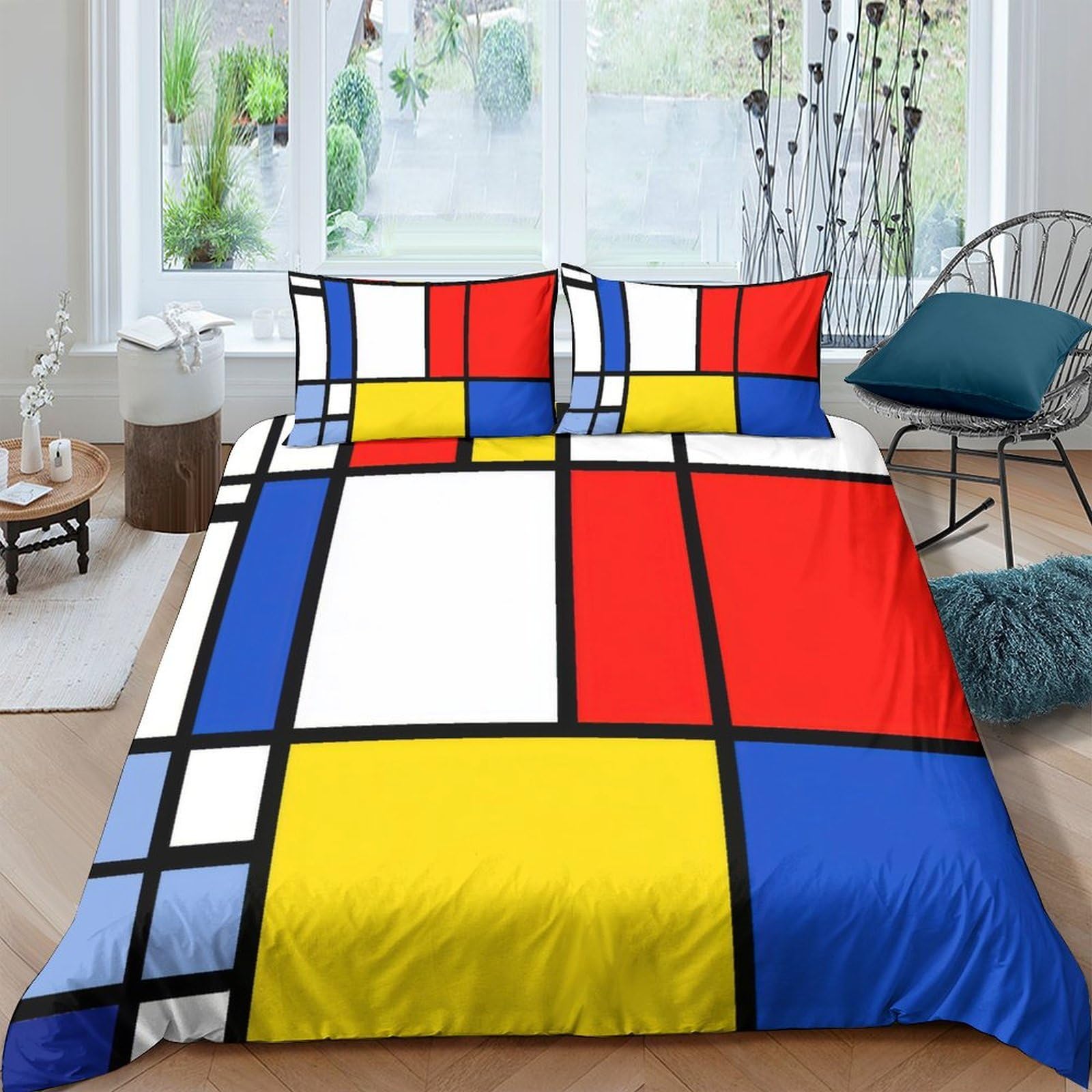Ctjqhvkz Style-4 3D Printed Mondrian Geometric Fitted Sheet Microfiber Color Block Mattress Cover For Bedroom Guest Room Dorm Decor Single（135X200cm）