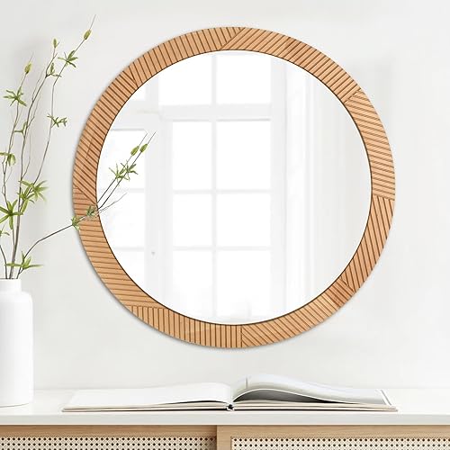 CULER Espejos redondos de pared de 24 pulgadas, espejo decorativo rústico de madera con marco de haya para pared, espejo canalizado de granja para