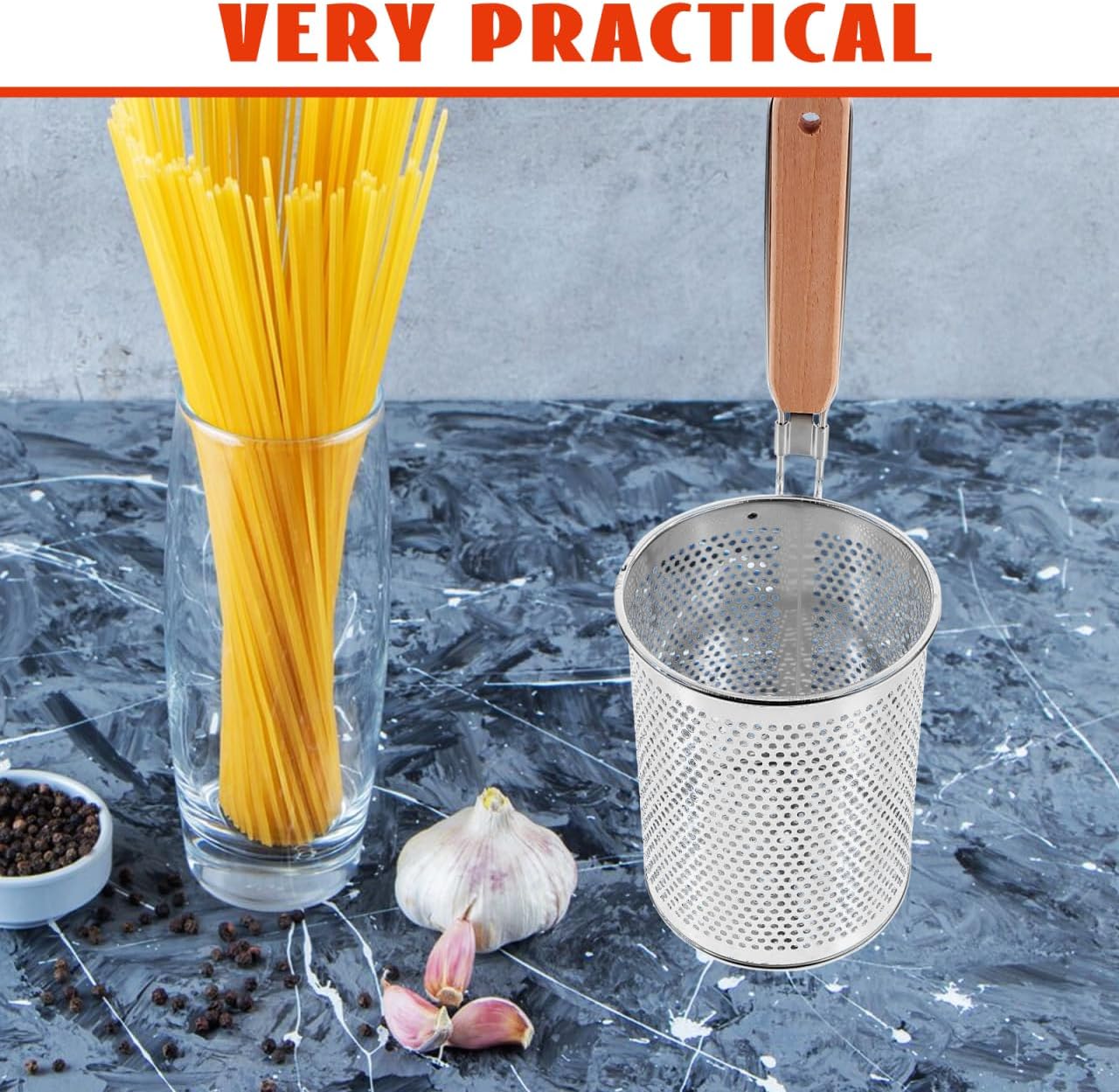 2Pcs Stainless Steel Perforated Noodle Strainer Basket with Wooden Handle 14.56 Inch Mesh Strainer Spoon for Cooking and Draining Ideal for Home Use