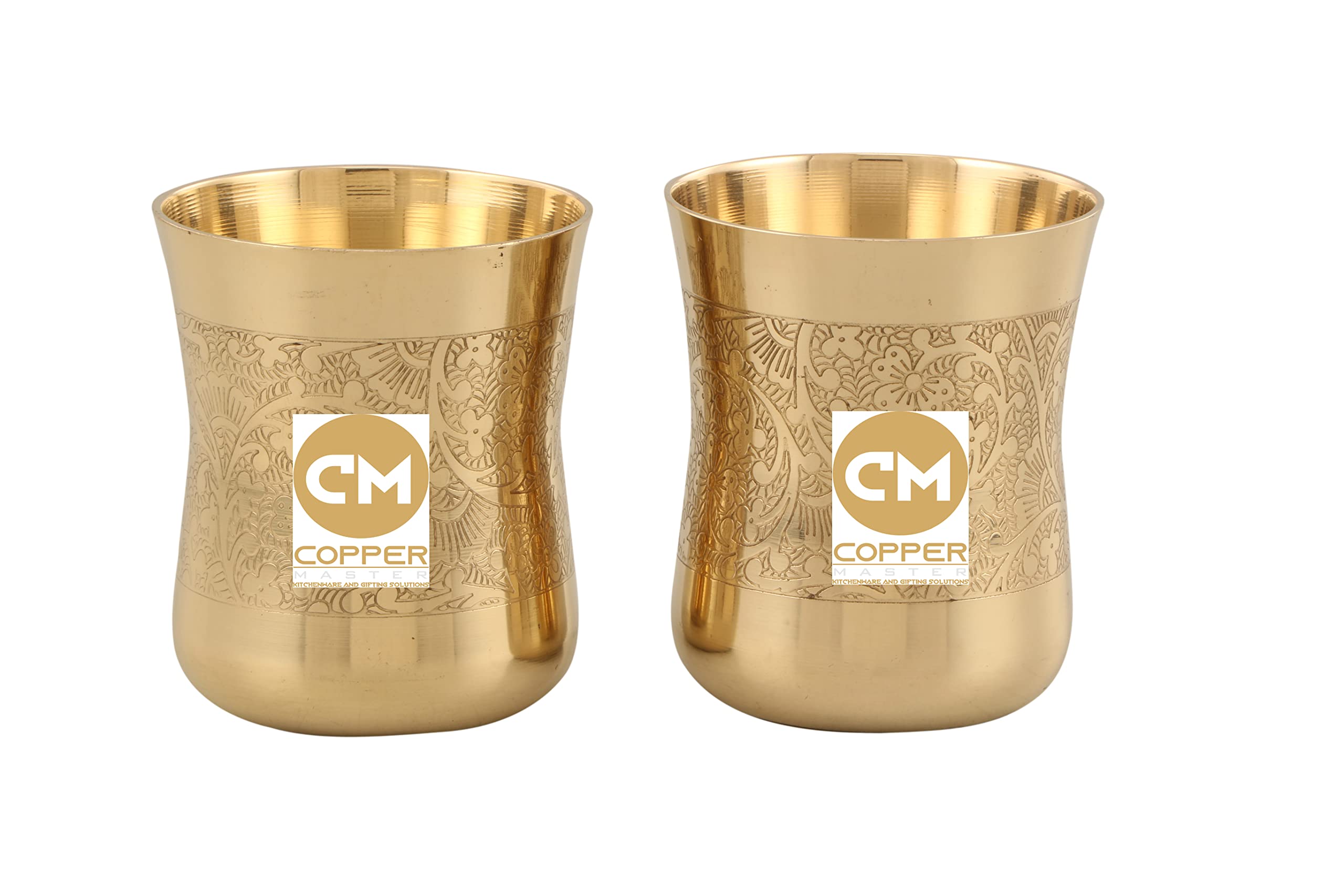 Copper-Master Dumro Style Designer Pure Brass Glass Tumbler for Serving Water Etching Hotel Serveware Drinkware Tableware Decorative Home Restaurant - 300 ML