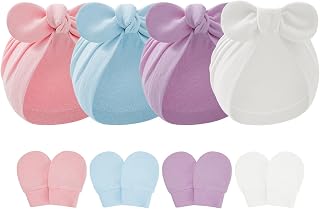 Zando 4PCS Big Bow Baby Hats and Mittens Newborn Hat Essentials Cotton Infant Hospital Hat Baby Turban for Girls Boys 0-2T
