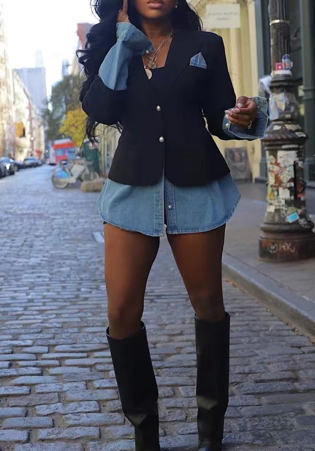 Women's Denim Blazer Jacket Casual Patchwork Long Sleeve Top Open Front Jean Jackets