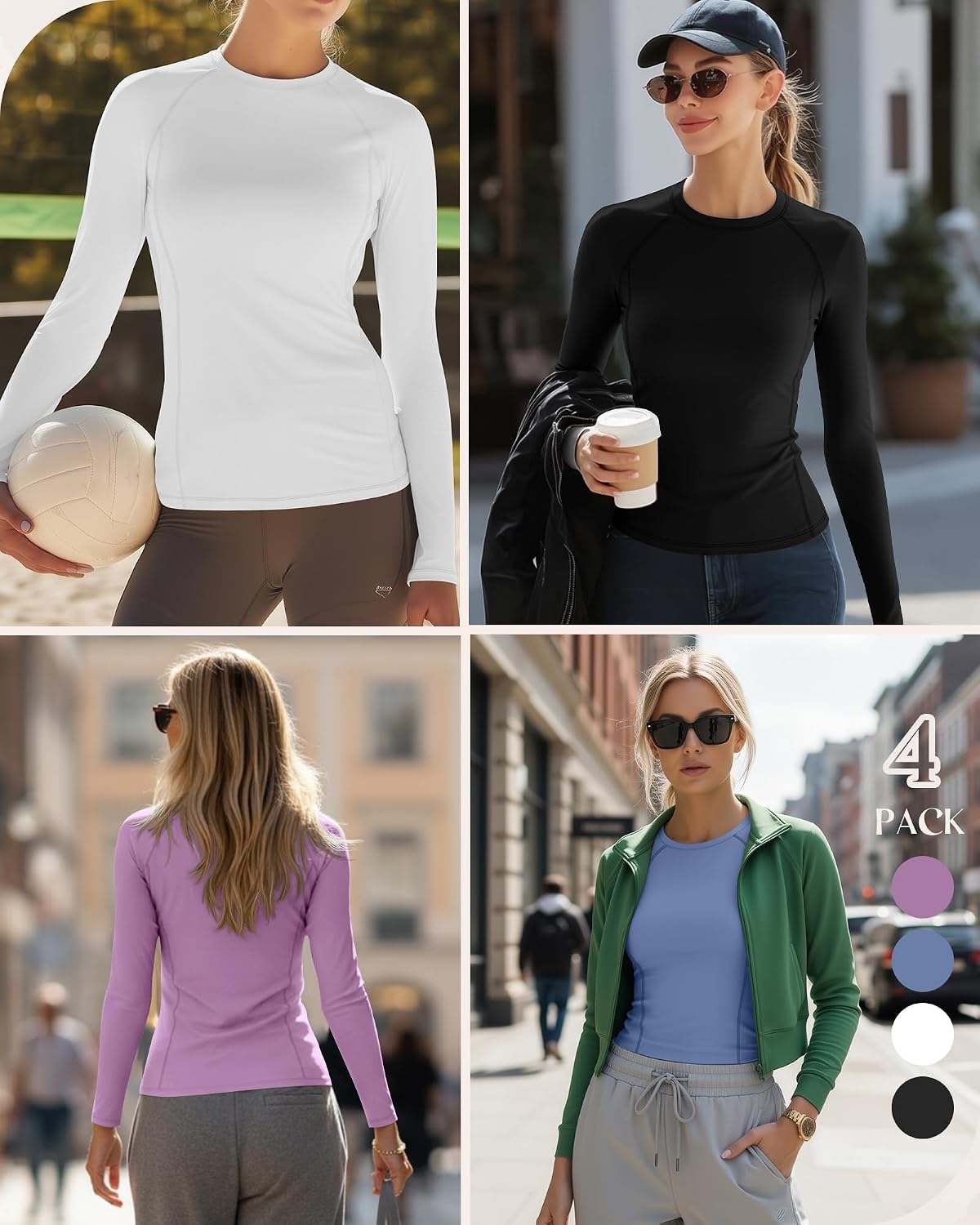 4 Pack Women's Long Sleeve Shirts Compression Crew Neck Tops Athletic Slim Fit Undershirts for Yoga Gym