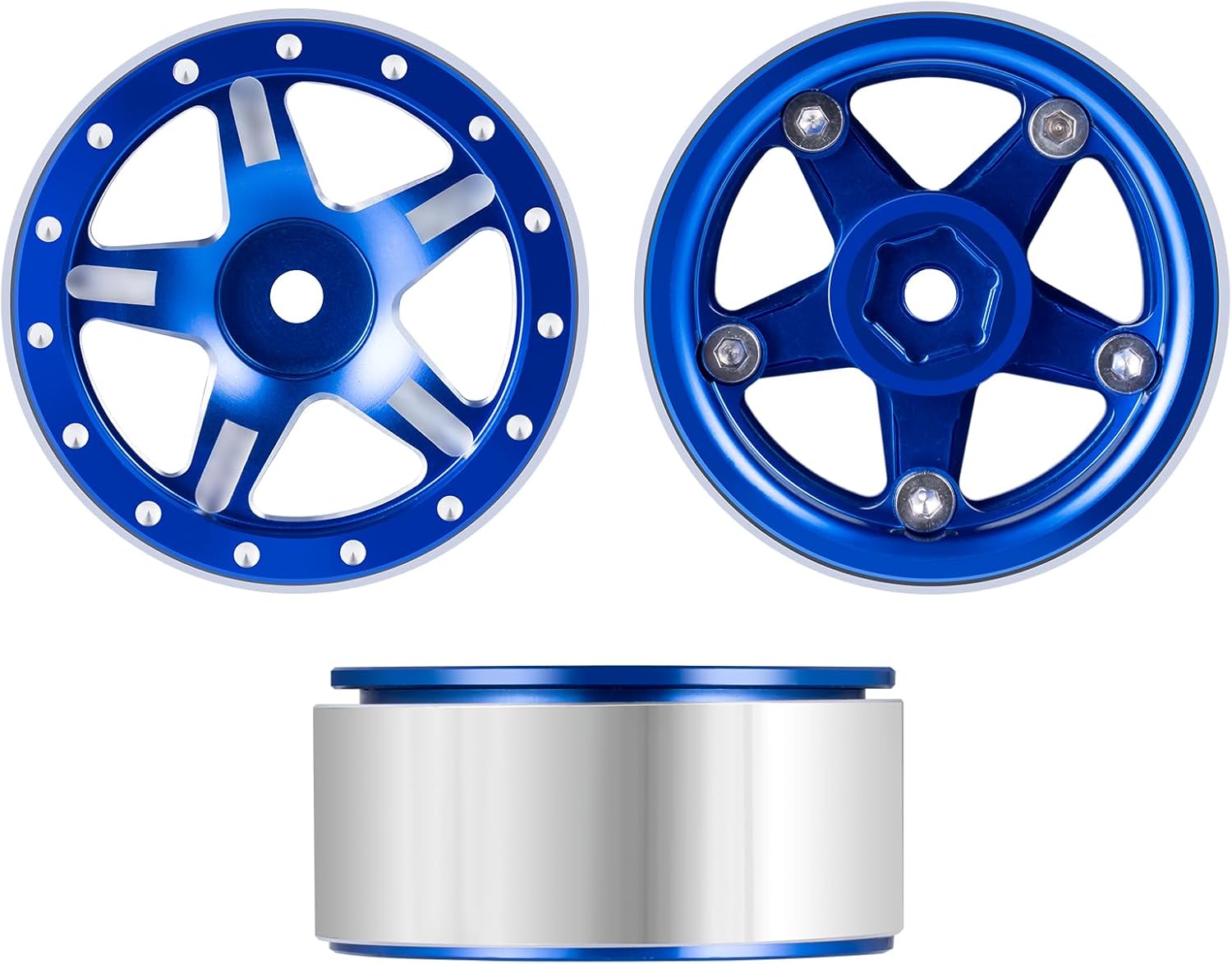 1.3 inch Beadlock Wheel Rims - Aluminium 5-Spoke Wheel Rims 7mm Hex Negative Offset Beadlock Wheels for 1/24 SCX24 1/18 TRX4M Redcat Ascent-18 RC Crawler Car Upgrade, Pack of 4, Blue