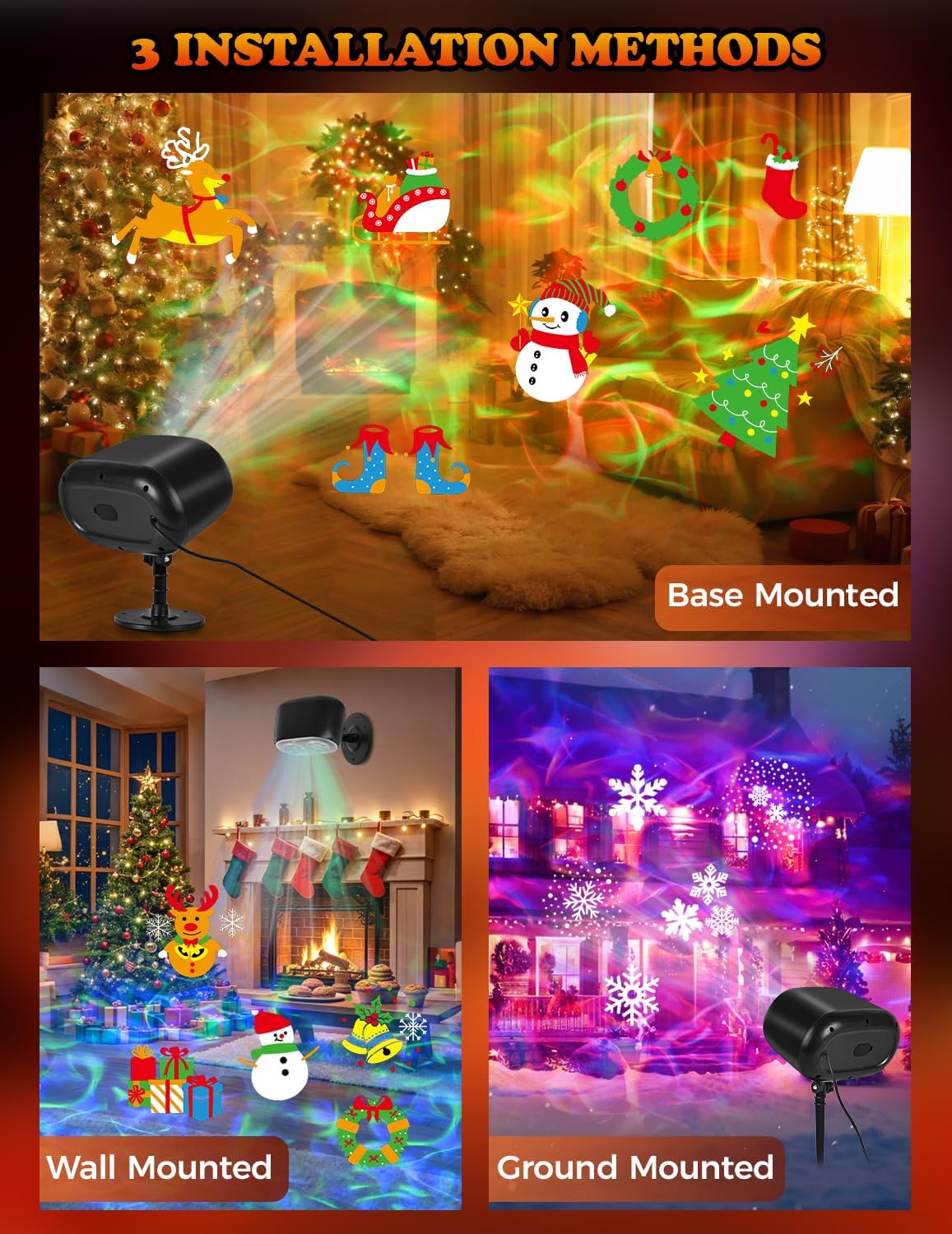 2025 Upgrade No Slides Christmas Projector Lights Outdoor, Holiday Projector Lights with 12 Dynamic Patterns & 7 LED Colors, Remote, Timer, IP65 Waterproof for Xmas Party Garden Yard Decor (Black)