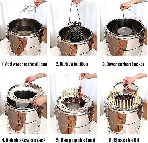 Miniatura 4 de Parrilla de barbacoa de barril de carbón ahumador, estufa colgante para barbacoa, parrilla de barbacoa de acero inoxidable con 20 pinchos de kabob,