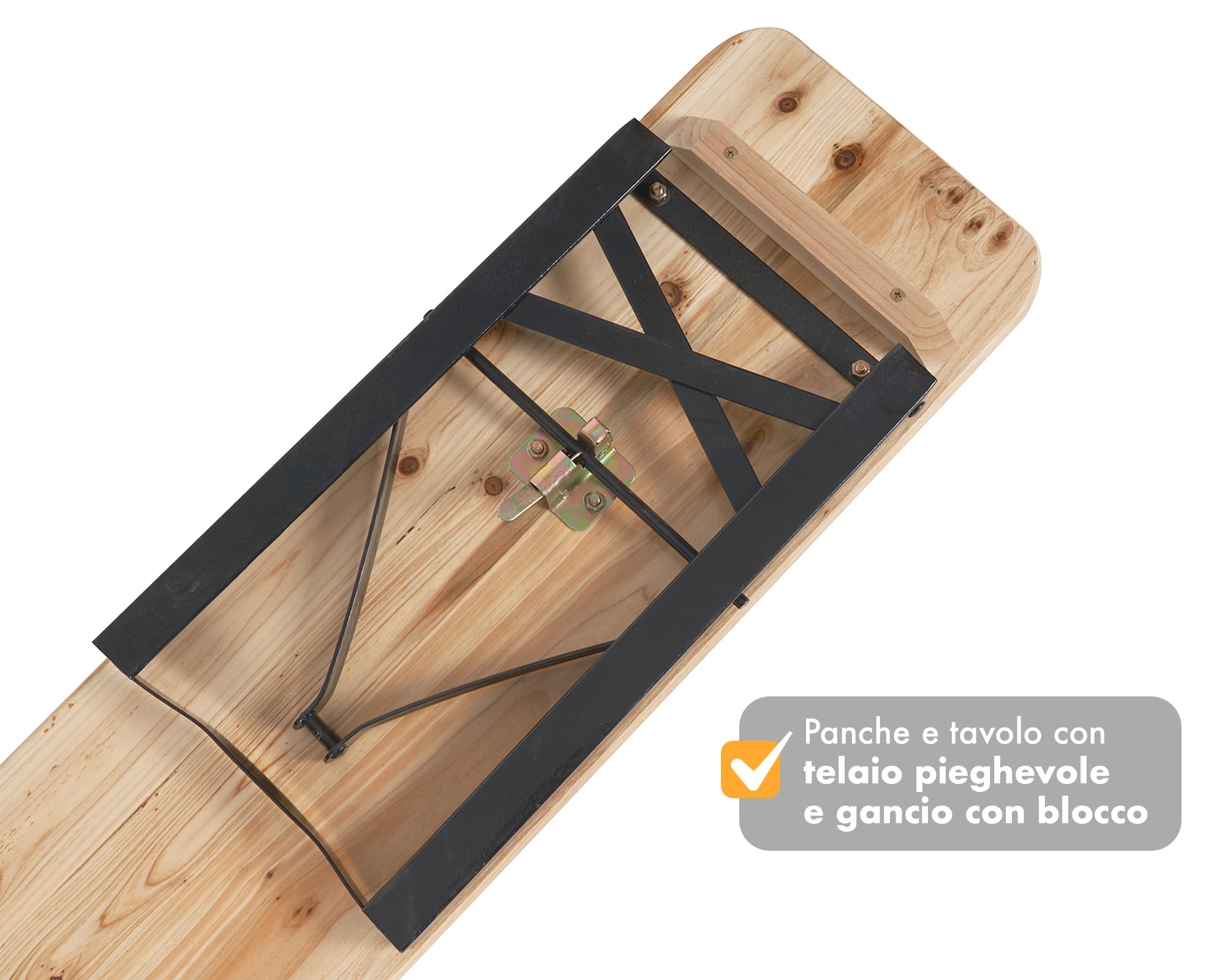IlGruppone Set Birreria XXL 220x70 cm 10 Posti – Tavolo Pieghevole con 2 Panche in Legno di Abete e Acciaio Rinforzato – Set 3 Pezzi Richiudibile e Salvaspazio per Feste, Sagre, Giardino e Outdoor