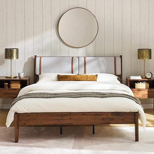 Miniatura 13 de mopio Ted - Marco de cama con cabecero, marco de cama de plataforma de madera maciza de acacia moderna de mediados de siglo, listones de madera, sin