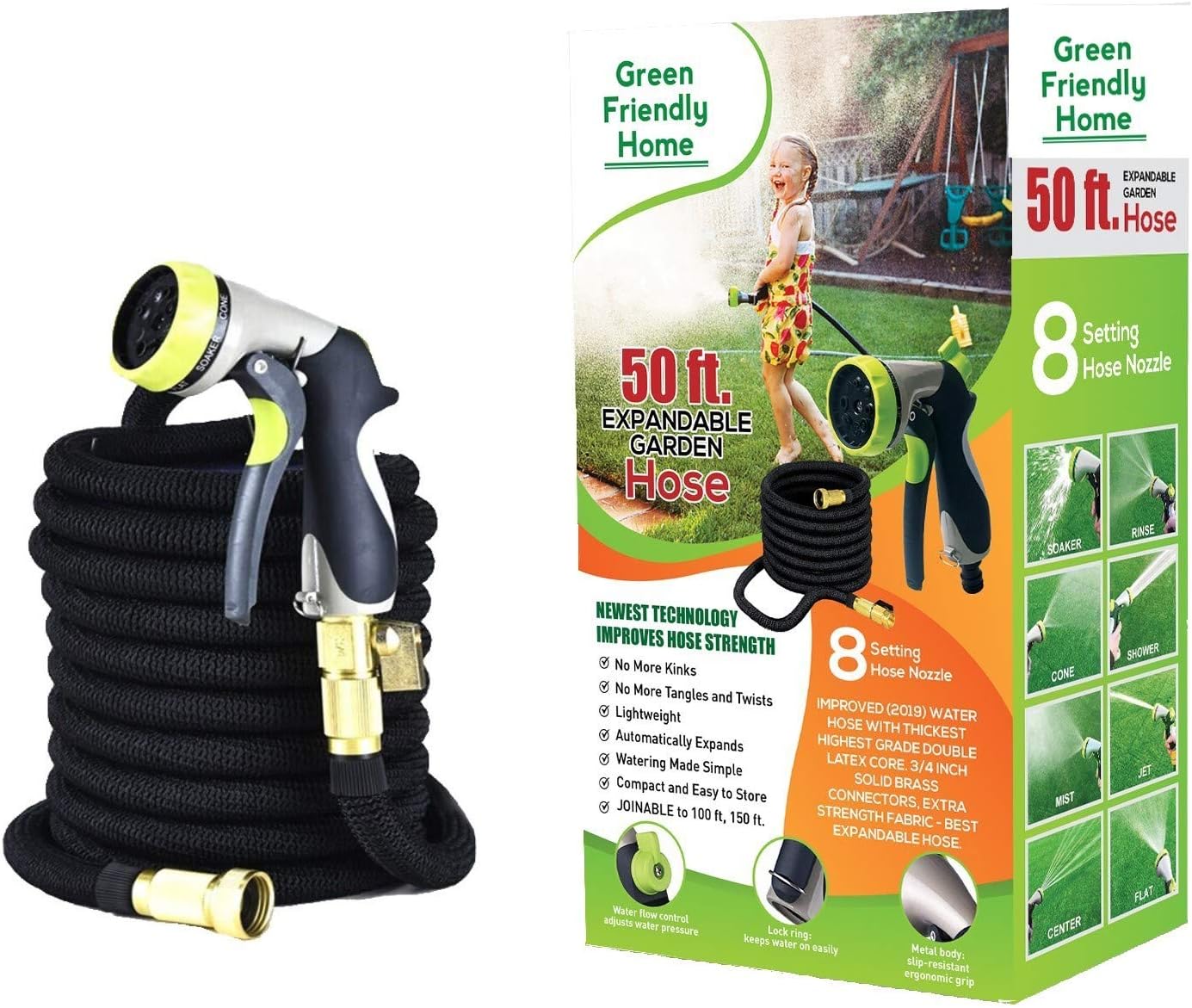 Garden Hose 50FT Flexi Expandable - Green Friendly Home Best Flexible Expanding Contracting Water Hose Strongest Hose Latex + Fabric, Solid Brass Fittings, FREE 8 Pattern Nozzle