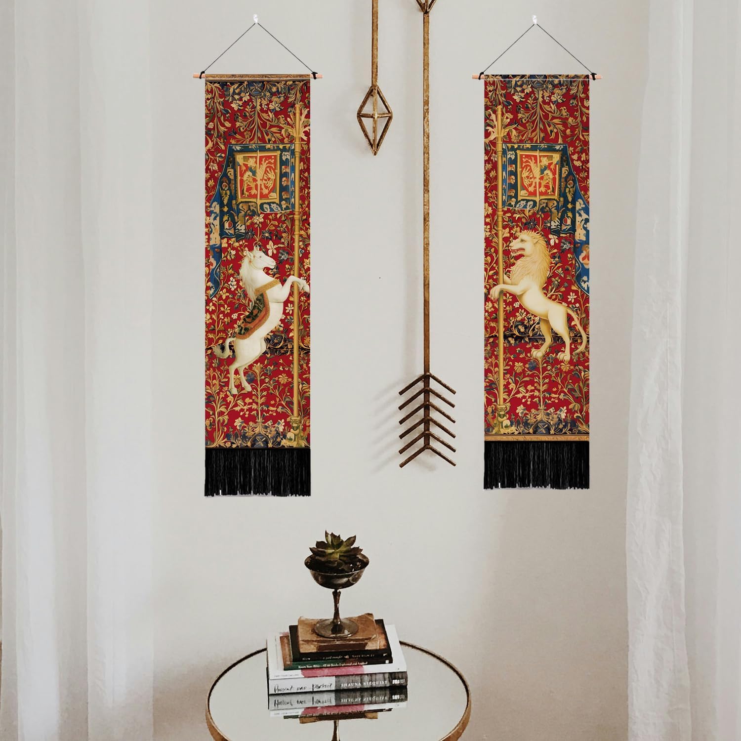 PLIGREAT 2 Pack Horse Lion Tapestry Vertical Vintage Art Wall Hanging with Tassels Aesthetic Wall Tapestry for Bedroom Living Room Long Narrow Home Art Decor Gift