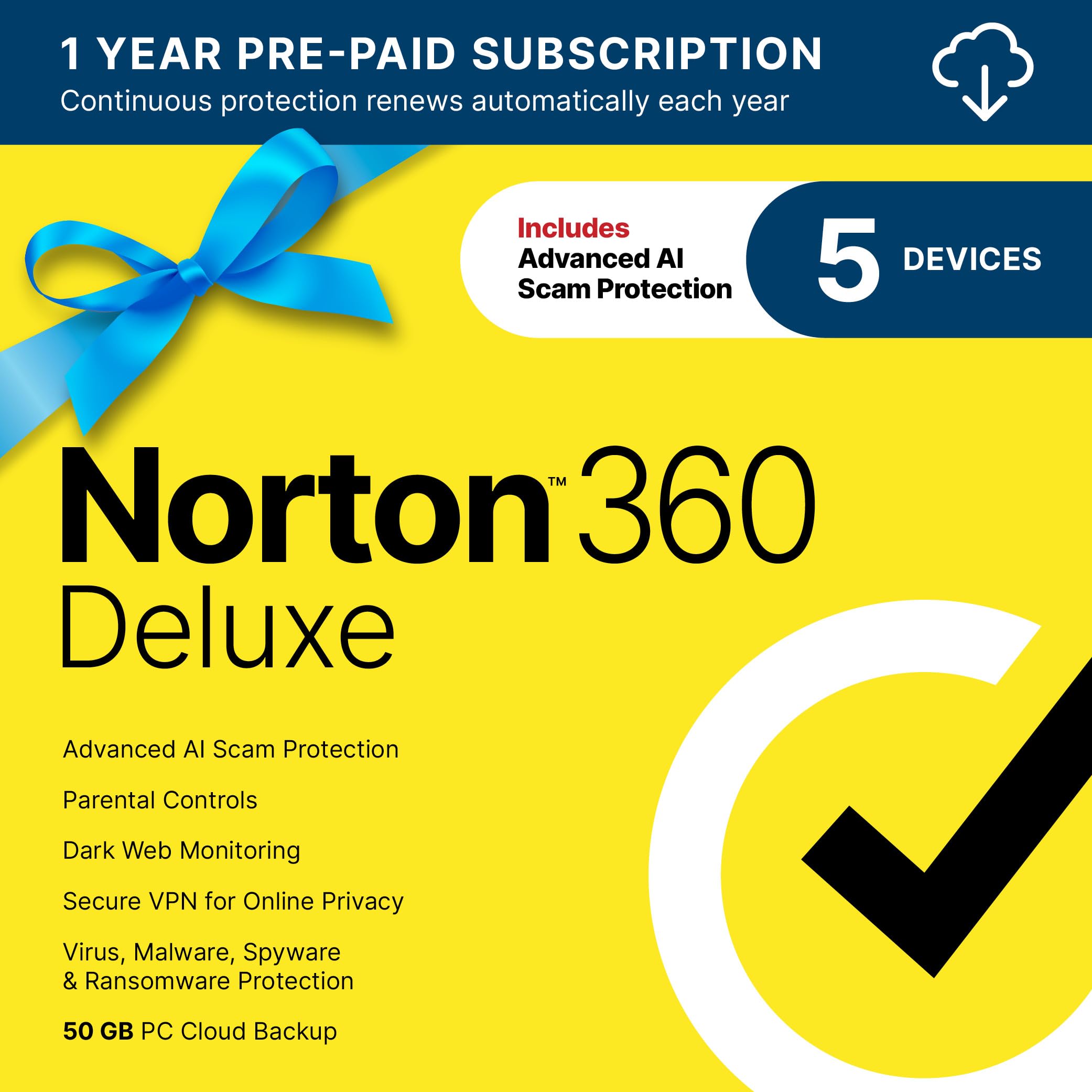 Norton 360 Deluxe  Antivirus software for 5 Devices with Auto-Renewal – Includes Advanced AI Scam Protection  VPN  Dark Web Monitoring & PC Cloud Backup [Download]