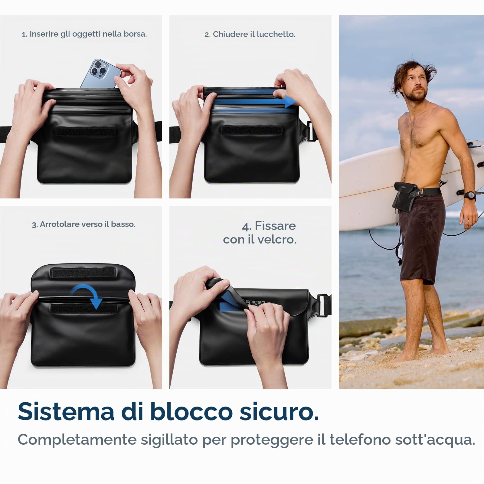 Spigen A621 Aqua Shield IPX8 Borsa impermeabile Marsupio e Custodia impermeabile galleggiante per Smartphone 2 pezzi - Nero