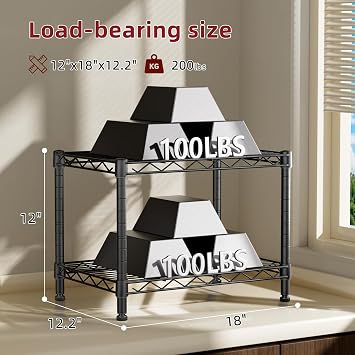 SINGAYE Small Wire 2 Shelves Pantry Metal Shelf Floor Organizer Under Desk | Armoire Adjustable Floor Kitchen Narrow Organizer Rack Shelving Short Square Stackable Standing Storage Tier Under Unit