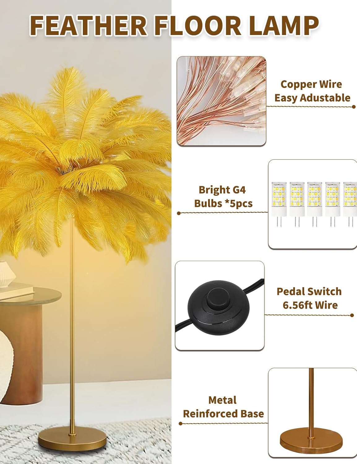 Feather Floor Lamp,Fluffy Ostrich Feather Floor Lamp for Bedroom,3 Color Temperatures Led Corner Modern Floor Lamps for Living Room Christmas Home Decor House Warming Gifts,63″ Height(Golden)