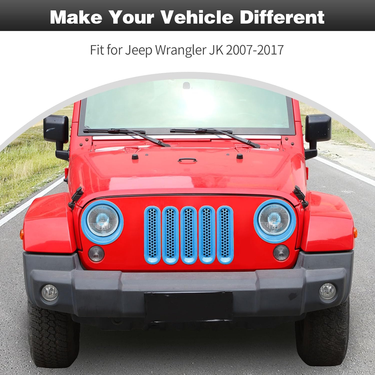 CheroCar for JK Mesh Grille Grill Insert & Headlight Cover Trim Exterior Accessories for Jeep Wrangler JK 2007-2018,Light Blue…