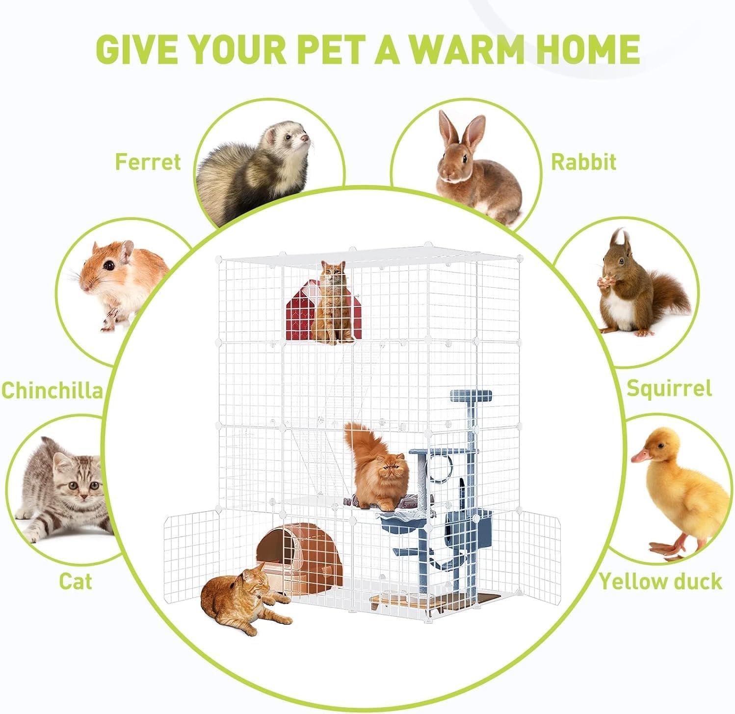 Large Cat Cage Enclosure Indoor DIY Cat Playpen Pet Home Small Animal House Detachable Metal Wire Kennels Crate Large Exercise Place Ideal for 1-3 Cat (White, 41.3" Lx28 Wx55 H, 1)