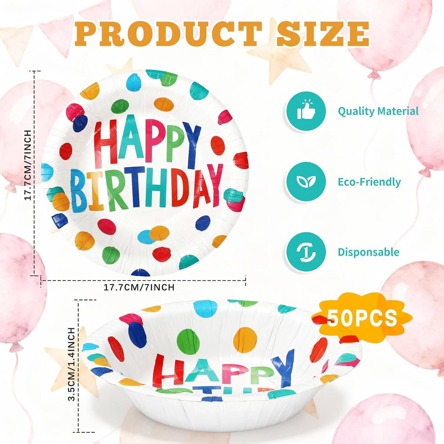 Whaline 50Pcs Birthday Paper Bowls Disposable Serving Bowl Colorful Happy Birthday Dot Salad Dessert Bowls for Baby Shower Party Supplies Table Decor