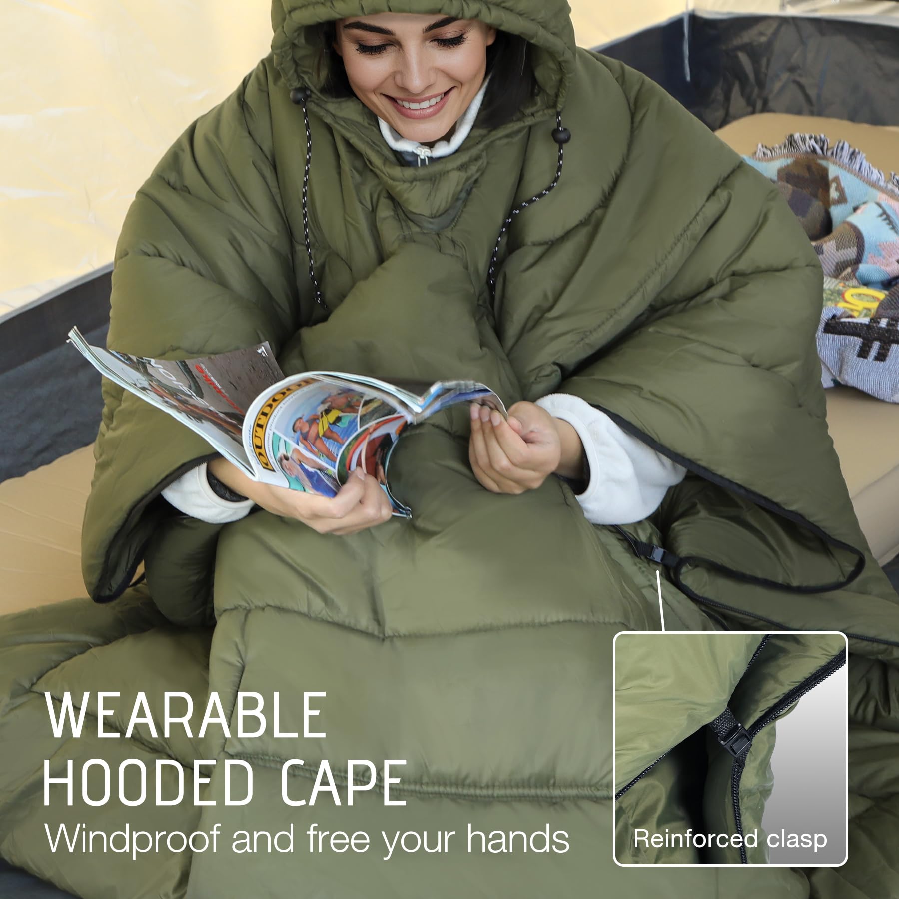 REDCAMP Outdoor Poncho Decke mit Hut, Ultraleicht Multifunktionale und Warm Camping Wasserdichte Decke für Damen und Herren, Wechseln Sie zu Einer Steppdecke oder Schlafsack,für Wandern, Picknick