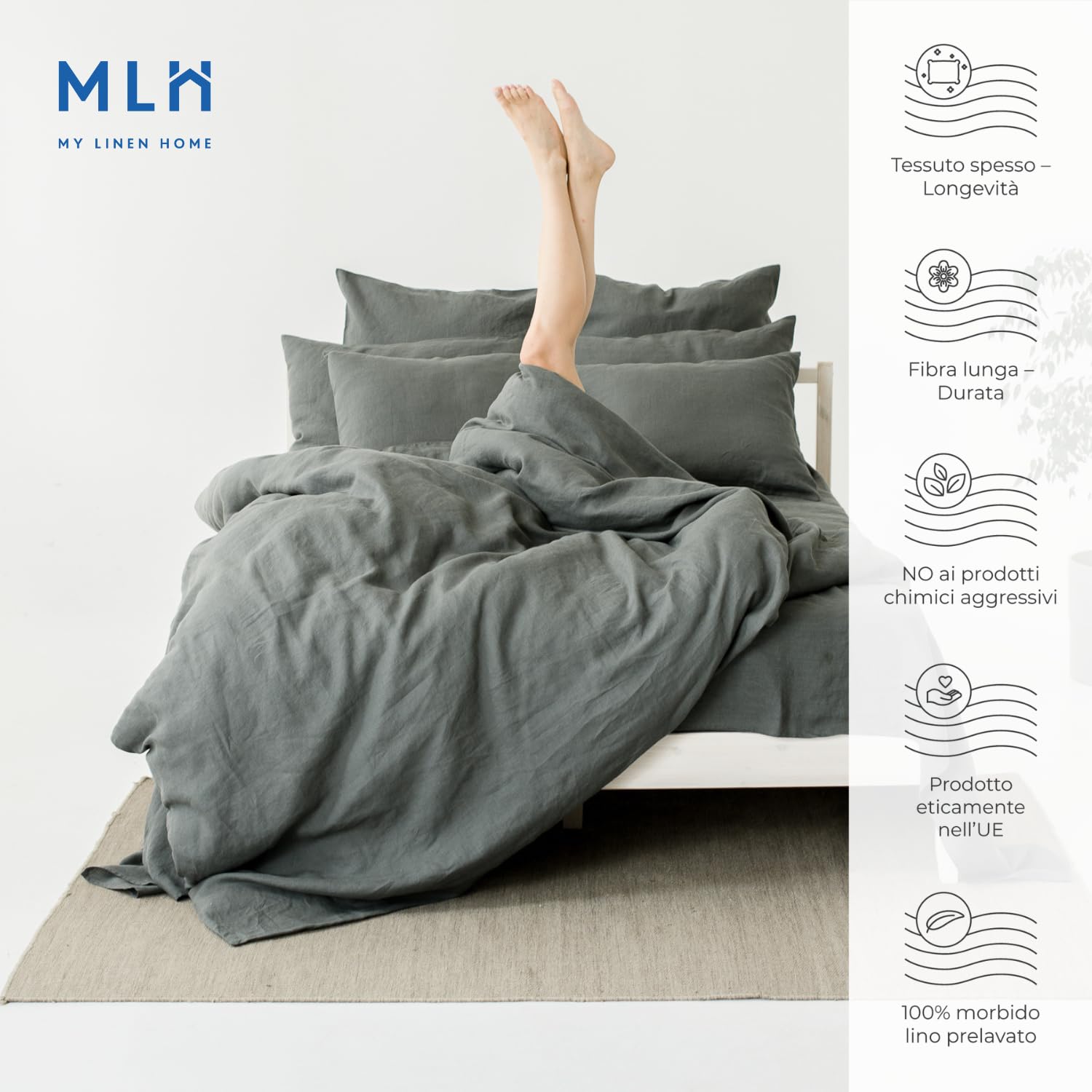 My Linen Home Set Copripiumino/Biancheria da Letto in Lino Lavato (100% StoneWashed) Verde scuro, 1 Copripiumino 135x200 cm e 1 Federa Cuscino Lino 80x80 cm I Copripiumino Con Cerniera