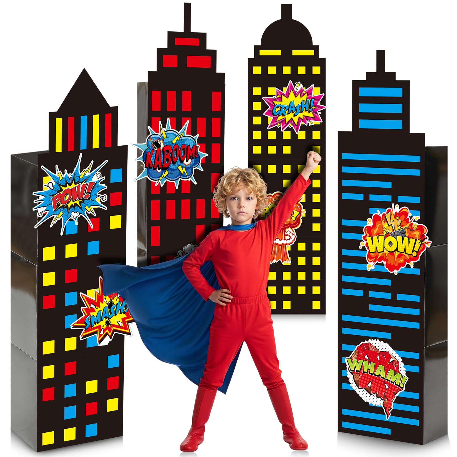 Funrous Decorazioni per feste a tema eroe decorazioni per feste di compleanno scatole per bomboniere 12 scatole di grattacieli centrotavola 12 ritagli skyline città edifici sfondo fotografico per