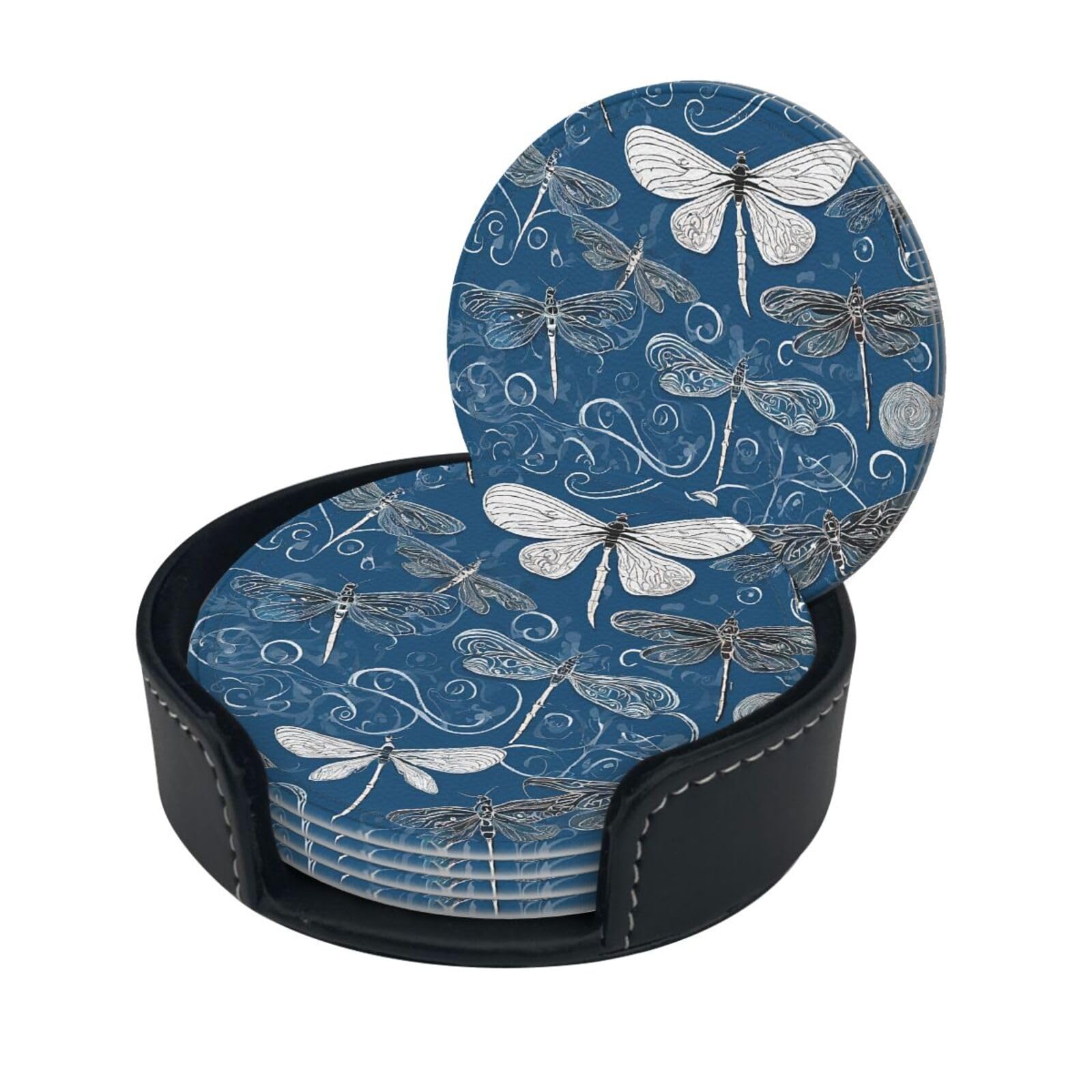 Blue Dragonfly Print Coaster,Round Leather Coasters with Storage Box for Wine Mugs,Cold Drinks and Cups Tabletop Protection (6 Piece)