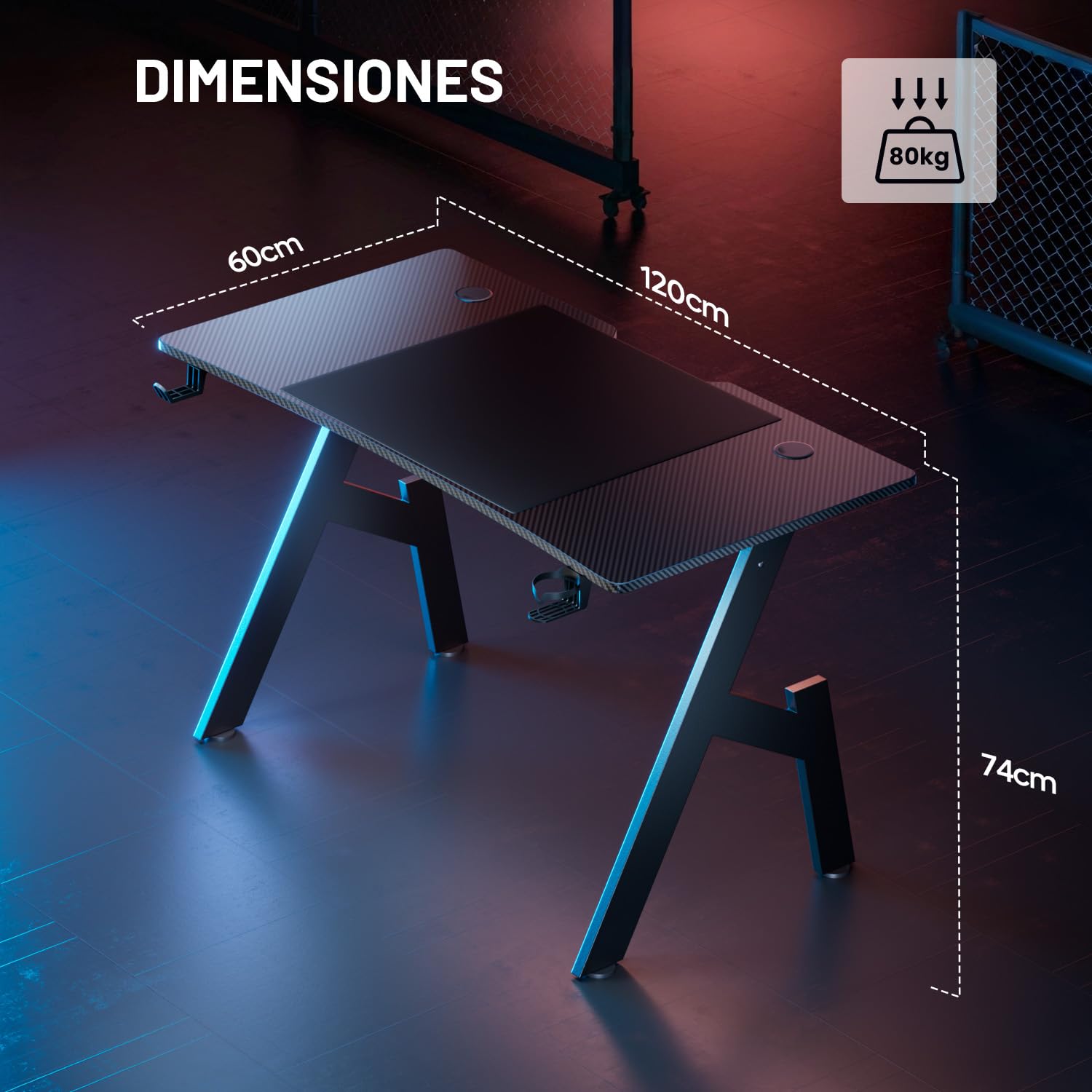 HLFURNIEU Mesa Gaming 120 x 60 cm, Escritorio Gaming Ergonómica, Mesa Gamer de Fibra de Carbono, Mesa para Ordenador con Portavasos y Gancho para Auriculares, Negro