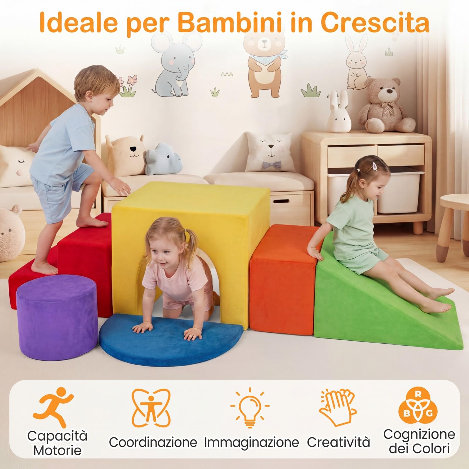 COSTWAY Set di Blocchi in Schiuma per Bambini 3+ Anni, Costruzini Morbide a 6 Pezzi per Mattoncini Sensoriali Componibili, Giochi con Arrampicata, Scivolo e Scala, per Cameretta e Nido (Rosso)