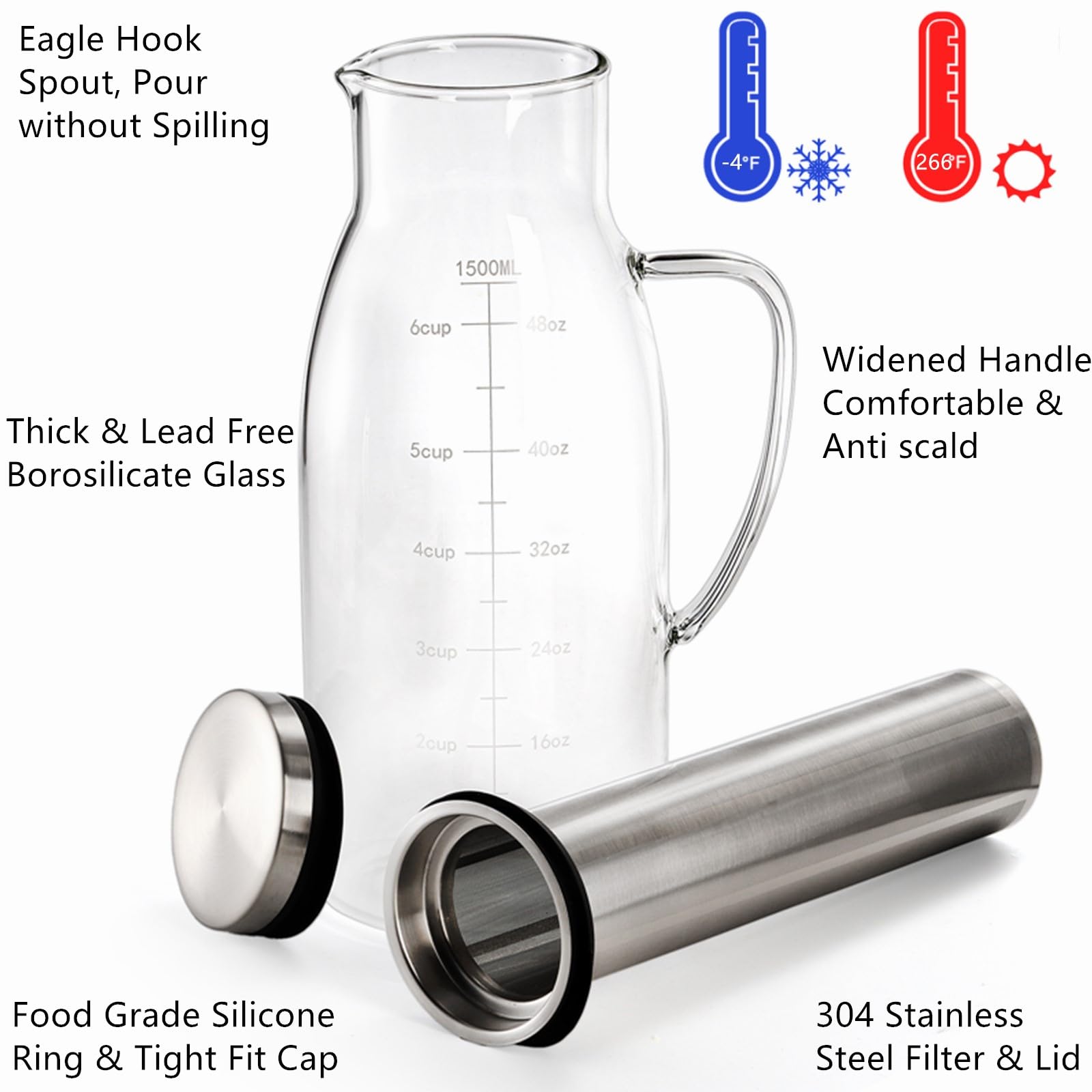 Tebery Jarra de café helado Cold Brew con filtro de acero inoxidable extraíble y tapa, jarra de vidrio de 1,5 L/1,445.8 g con boquilla para café, té helado, bebidas de frutas, limonada