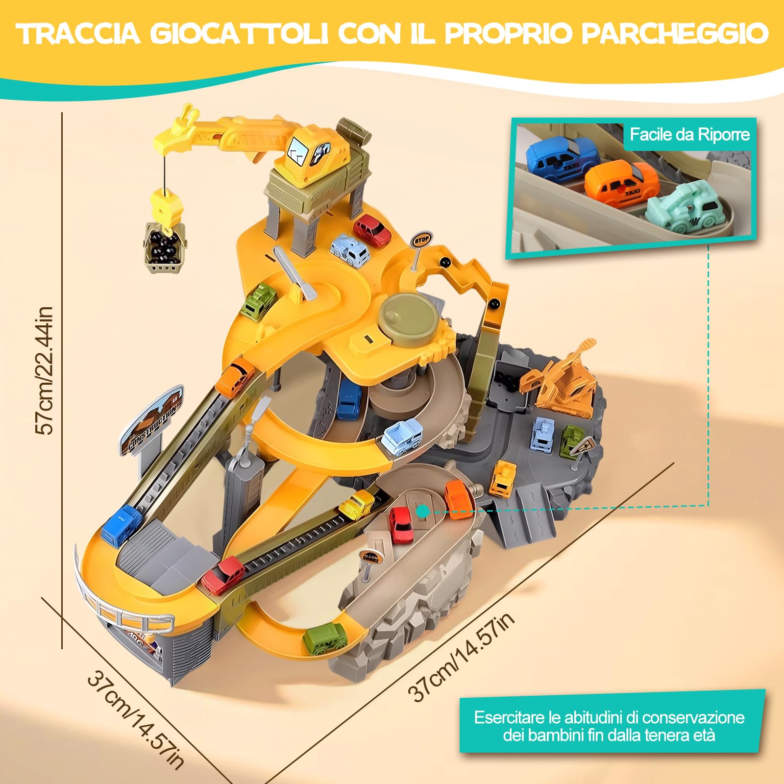 Charmofun Pista Macchinine Bambini, Costruzioni Giocattolo con 10 Auto Gru Camion Trasportatore, Macchine Pista Giocattoli Trattore Costruzione Set per Bambino 4 5 6 7 8 Anni