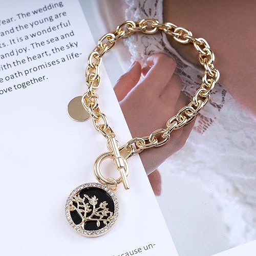 Miniatura 2 de Pulsera de cadena gruesa, cadena de eslabones dorados, pulsera de palanca con dije de disco de diamantes de imitación, pulsera con cierre de OT,