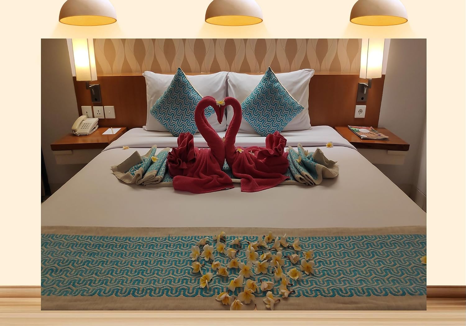6X4ft Fabric Hotel Style Bed Decor Set with Towel Art Swan Backdrop, Plumeria Flowers Background, Turquoise Geometric Throw Pillows, Decorative Bed Runner for Room Decoration