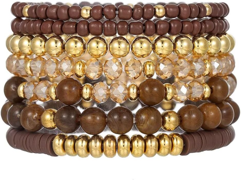 Zian Boho Colorful Crystal Beaded Bracelets Set for Women Bohemian Stackable Surfer Heishi Clay Gold Plated Beaded Stretch Bracelets Multilayer Bangles Summer Beach Vacation Jewelry Gift