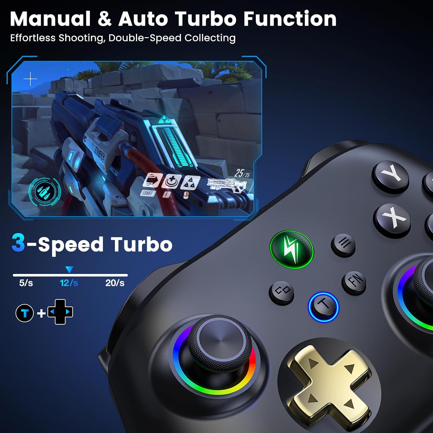 Wireless PC Gaming Controller - Hall Effect Joystick - No Drift, 2.4G & Wired 1000Hz Polling Rate, Remappable Buttons, Turbo & Vibration, Bluetooth Gamepad for PC/Switch/iOS/Android with Charging Dock